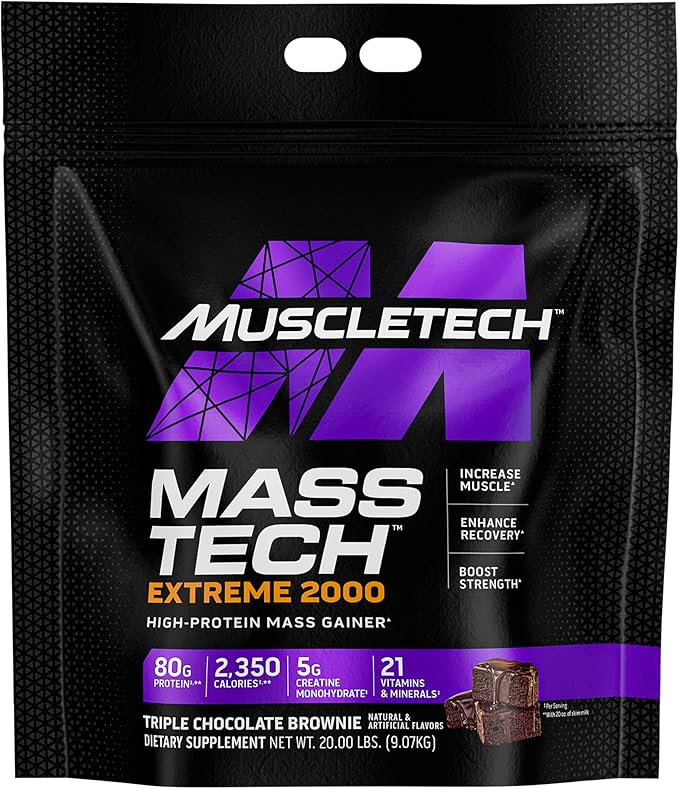 MuscleTech Mass Gainer Protein Powder, Mass-Tech Extreme 2000, Muscle Builder Whey Protein Powder, Protein + Creatine + Carbs, Max-Protein Weight Gainer for Women & Men, Triple Chocolate, 20 lbs