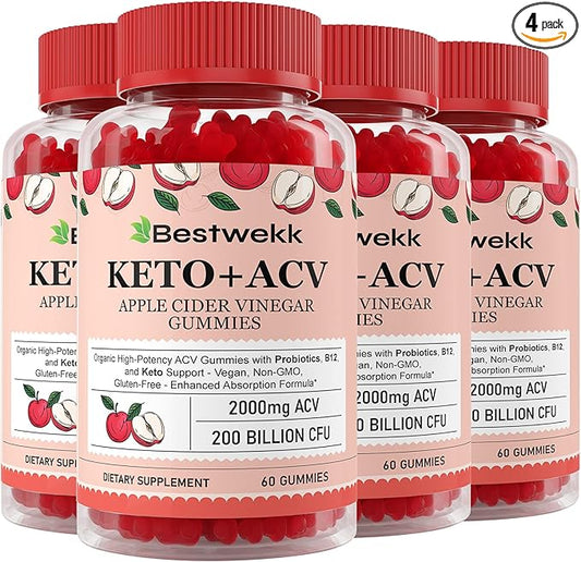Apple Cider Vinegar Gummies, Max Strength 2000mg ACV Gummies with Probiotics, B12 and Keto, for Digestion, Metabolism, Gut & Immune Health, Gelatin-Free, Vegan & Non-GMO, 240 Gummies