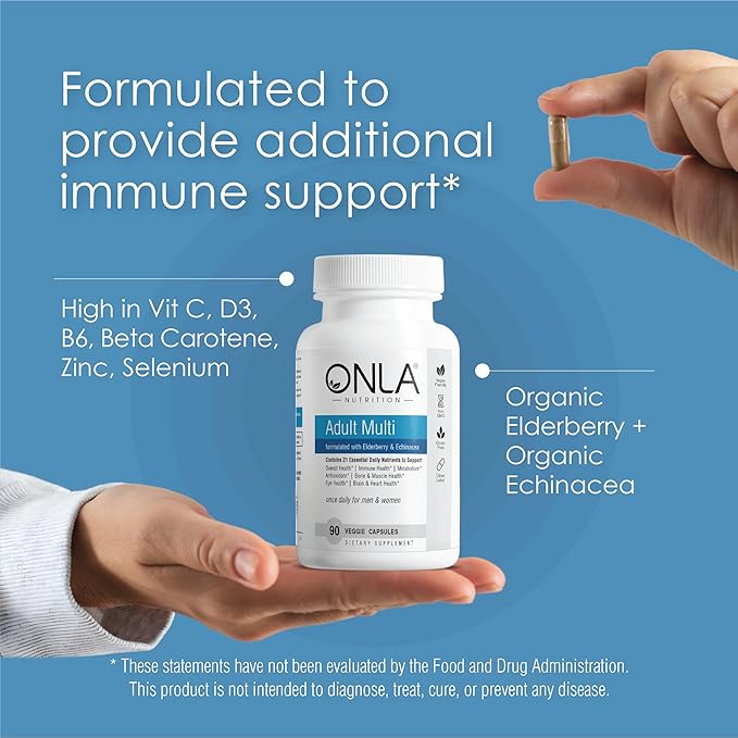 ONLA Elderberry Supplements for Women 80mg - Vegan Multivitamins for Immune Support with Echinacea 20mg, Zinc, Vitamin A,C, D3, & B6 - Non-GMO, Gluten-Free Daily Capsules- 3 Month Supply-Made in USA