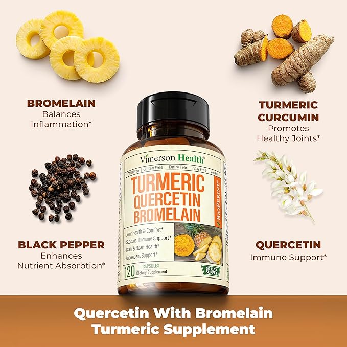 Quercetin with Bromelain Turmeric Supplement - Quercetin 500mg Capsules with Curcumin & Bromelain powder for Allergy & Joint Support. Turmeric Curcumin Bromelain Supplement. 120 Vegan Tumeric Capsules