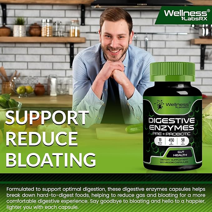 Digestive Enzymes with Probiotics and Prebiotics - 450mg - 5 Billion CFUs - Pure Super Enzymes for Digestion Capsules - Digestive Enzymes for Women & Men Support Digestive & Gut Health - 120 Count