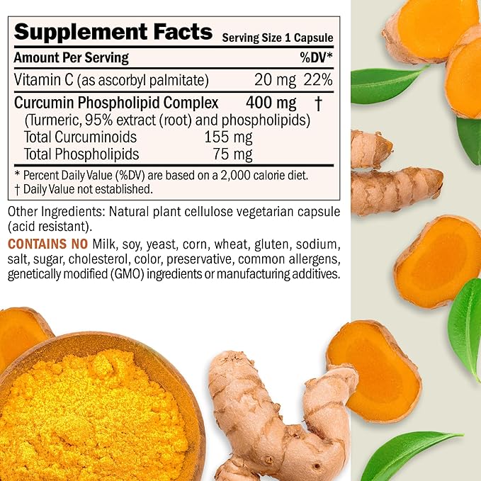 Andrew Lessman Turmeric 400-60 Capsules – 95% Curcuminoids as Phospholipid Complex for Optimum Benefits and Greater Absorption, High Potency Standardized Extract, Small Easy to Swallow Capsules
