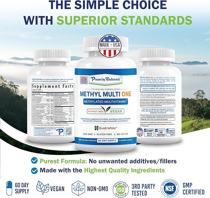 Power By Naturals Methyl Multi One - Methylated Multivitamin with Methylfolate & Methyl B12 for MTHFR Maintenance, 120 Capsules, 4 Month Supply, Made in USA (Packaging May Vary)