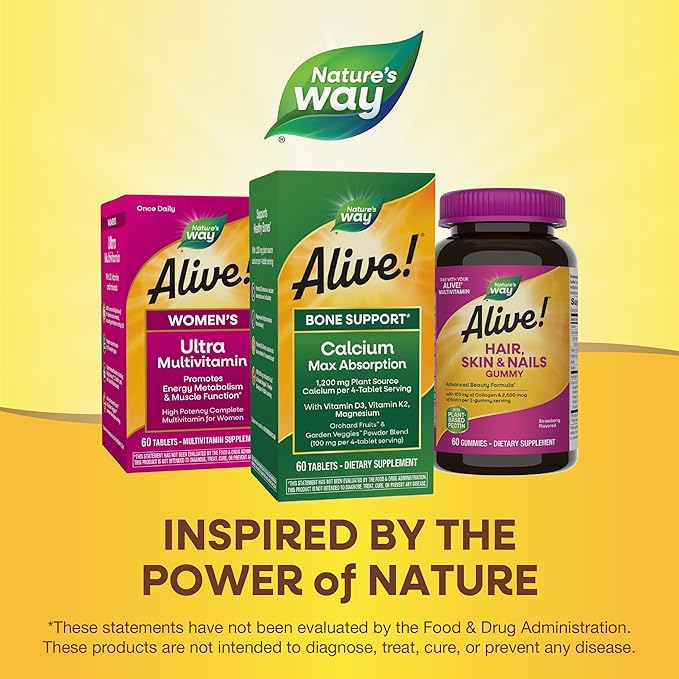 Nature's Way Alive! Calcium Max Absorption, Bone Support*, Plant Source Calcium, Vitamin D3 & K2, Magnesium, 60 Tablets (Packaging May Vary)