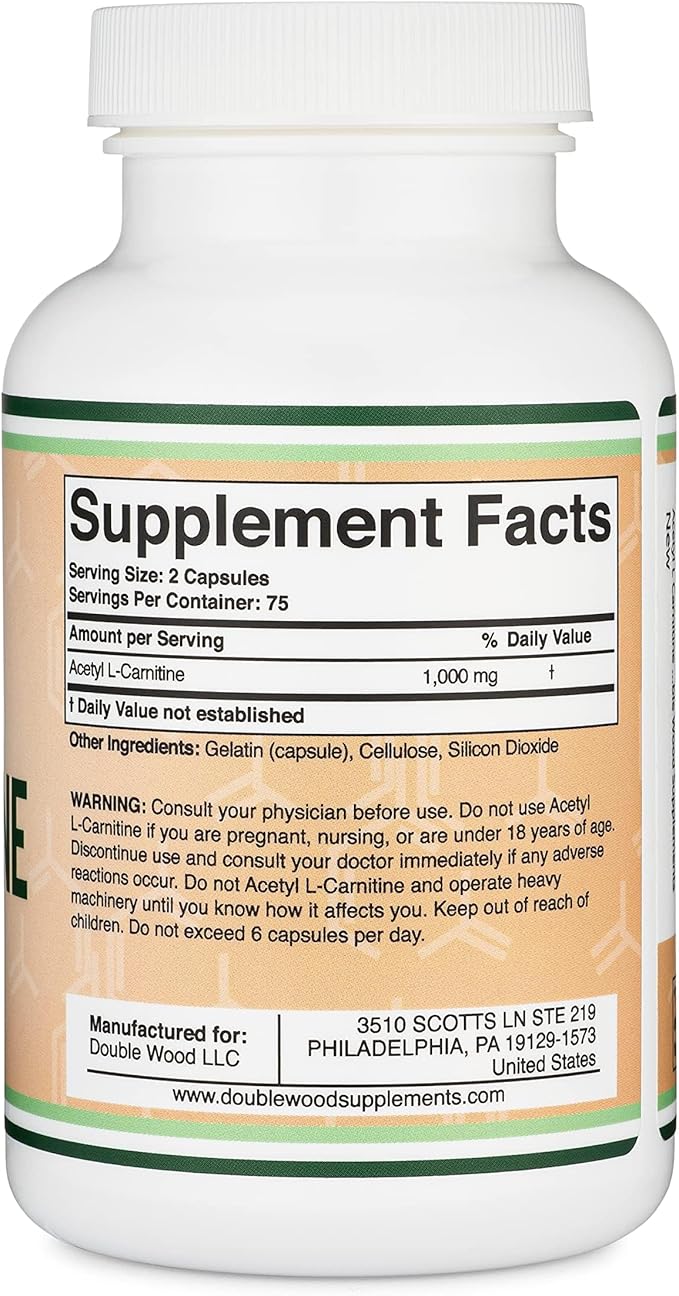 Acetyl L-Carnitine 1,000mg Per Serving, 150 Capsules (ALCAR for Brain Function Support, Memory, Attention, and Stamina) Acetyl L Carnitine That is Third Party Tested by Double Wood
