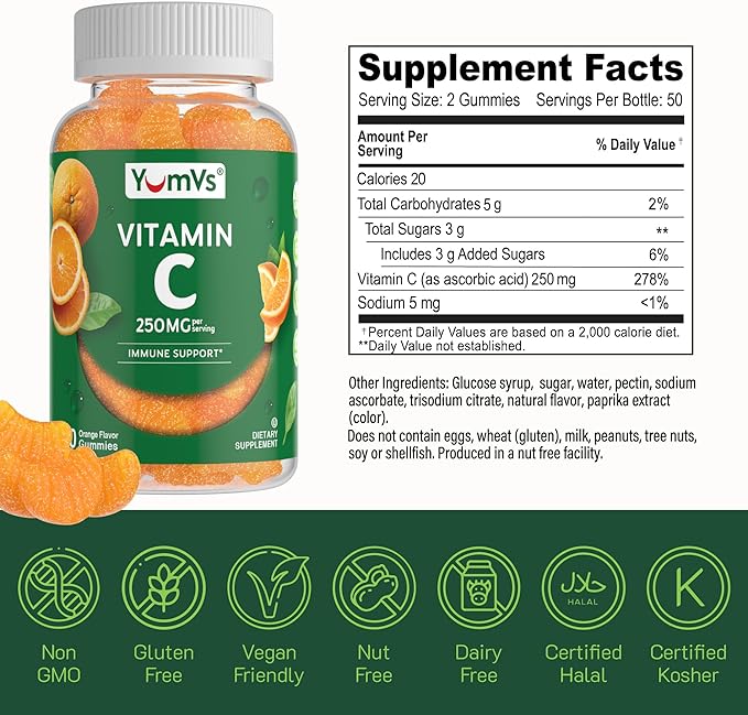 YumVs Vitamin C Gummies for Adults - 250 mg Orange Flavored Vitamin C Gummy - Vitamin C Chewable Immune Gummies for Adults - Immune Support Supplement - Kosher, Halal, Gluten Free (120 Count)