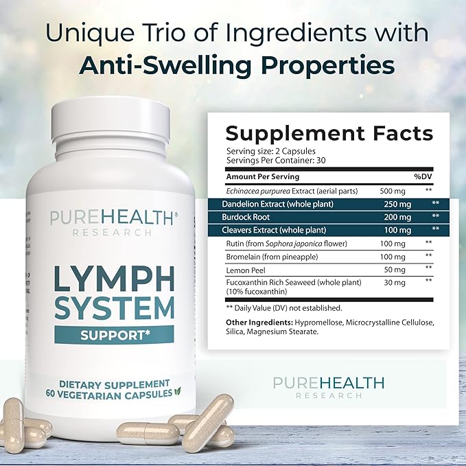 PUREHEALTH RESEARCH Lymph System Support Supplement - Lymphatic Drainage Supplement with Dandelion Extract, Cleavers, Burdock Powder - Reduce Swelling and Cleanse Lymph - 1 Bottle, Brown