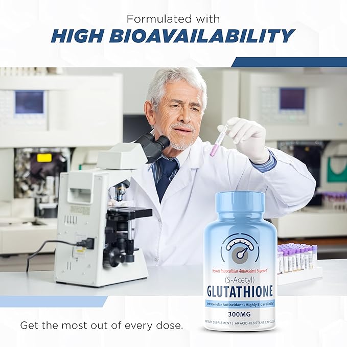 S-Acetyl L-Glutathione - Acetylated Glutathione Supplement 300mg - Works as Antioxidant Support, Liver, & Skin Vitality - Highly Bioavailable L Glutathione Supplement - 60 Pure Glutathione Capsules