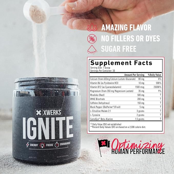 Xwerks Ignite Green Apple Pre Workout Powder - Best Natural Keto Pre-Workout for Women and Men with Explosive Energy - Gluten Free Preworkout Blend for Endurance Stamina - 150 mg Caffeine 30 Servings
