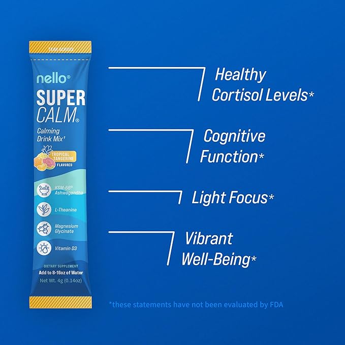 Nello Supercalm Powdered Drink Mix, Tropical Tangerine, L Theanine, Ksm-66 Ashwagandha, Magnesium Glycinate, Vitamin D 3, Supplements for Relaxation & Focus, Natural, No Sugar, Non GMO, Vegan, 20 Srvg