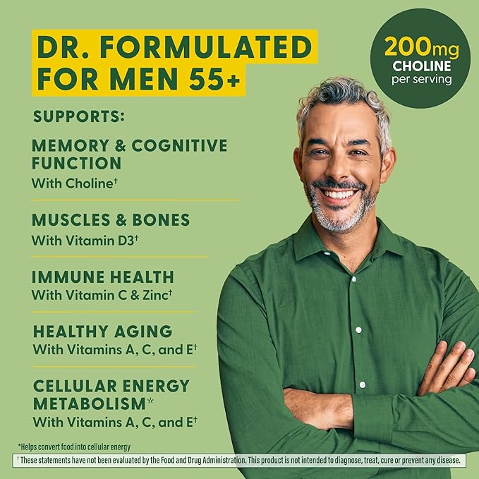 MegaFood Men's 55+ Advanced Multivitamin for Men - Doctor-Formulated -Choline, Vitamin D, Vitamin B12 – Plus Real Food – Brain Health Supplement for Adults & Immune Support - 60 Tabs (30 Servings)