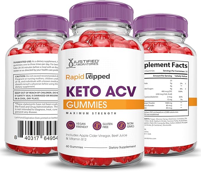 (3 Pack) Rapid Ripped Keto ACV Gummies Advanced Formula 1000MG Rapidripped Keto Gummies Apple Cider Vinegar Formulated with Pomegranate Beet Juice Powder B12 Vegan Non GMO 180 Gummys