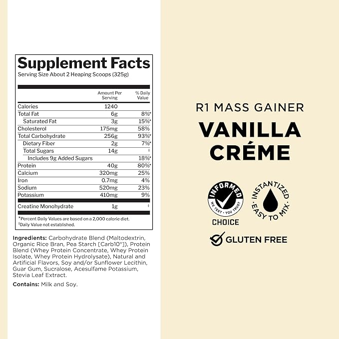 Rule One Proteins, R1 Mass Gainer - Vanilla Crème, High-Calorie Weight Gain Formula with 1,220+ Calories, 250g+ Complex Carb Blend, 40g All-Whey Protein, 8g Fat Per Serving, 6 Pounds, 8 Servings