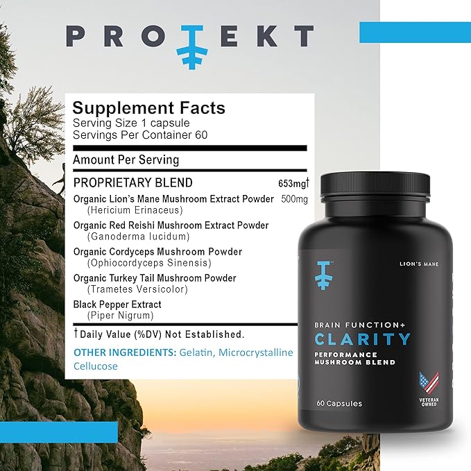 PROTEKT Lions Mane Supplement Capsules - Lion's Mane & Reishi Mushroom Capsules, Nootropics Brain Supplements for Memory and Focus, Mushroom Supplement, Brain Energy Supplements - 60 Count