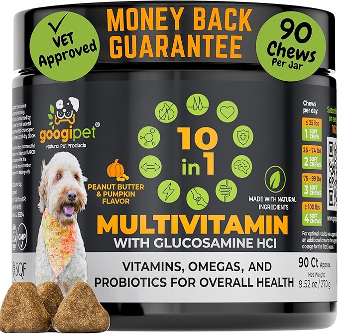 Googipet Premium 10 in 1 Dog Vitamins Multivitamin Chewable w/Dog Probiotics for Gut Health, Dog Vitamins and Supplements w/Vitamin C & Glucosamine for Joint Support (Peanut Butter & Pumpkin Flavor)
