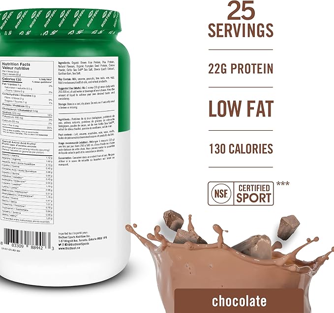 BioSteel Elite Plant-Based Recovery Vegan Protein with Brown Rice Protein, Pea Protein, and Hemp Protein, Chocolate Flavor, 25 Servings, Gluten-Free