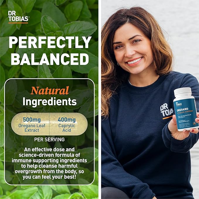 Dr. Tobias Oregano and Caprylic Acid Blend, Gut Flora Balance Complex, Intestinal Health & Immune Support with Herbs & Probiotics, Gut Health Supplements for Women & Men (60 Count (Pack of 1))