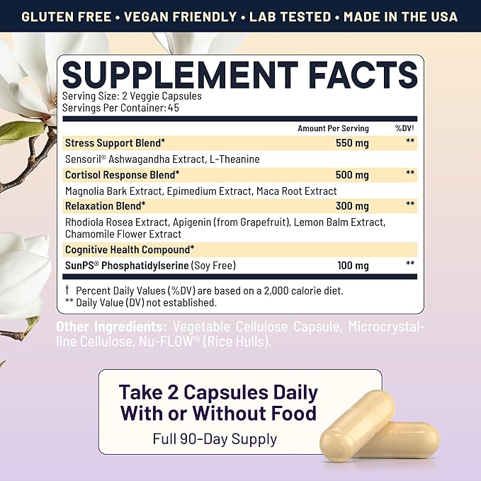 Cortisol Manager and Stabilizer Supplement | Supports Deep Sleep & Relaxation | Cortisol Supplement with Ashwagandha, L-Theanine, Rhodiola Rosea Extract & Apigenin | 180 Vegan Capsules