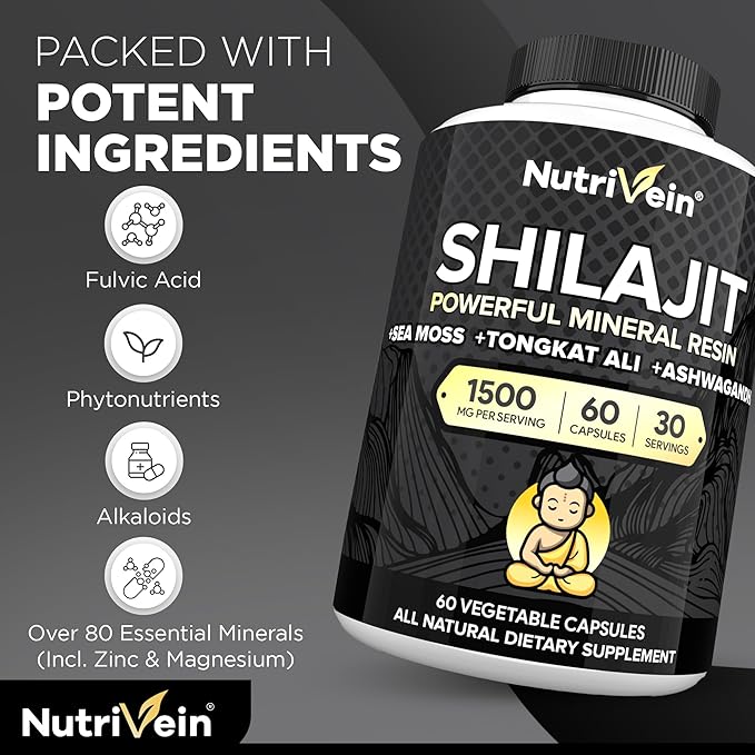 Nutrivein Shilajit Supplement 1500mg - Pure Himalayan Shilajit - Powerful Resin Extract Blended with Sea Moss, Tongkat Ali & Ashwagandha - 60 Servings