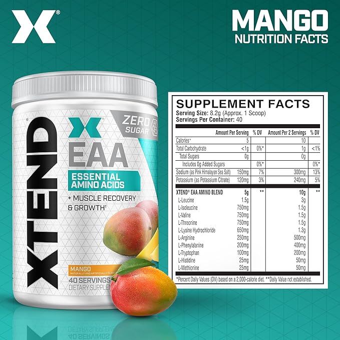 Scivation XTEND EAA + BCAA Powder | Muscle Recovery & Lean Muscle Growth | 9 Essential Amino Acids for Intra Workout or Post Workout Recovery | 10g EAAs Per 2 Servings | Mango 40 Servings