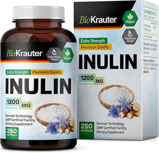 BIO KRAUTER Inulin Powder Capsules - 1200 mg Strength - 250 Count - Fiber Supplement - Chicory Root Fiber Capsules for Digestive Support - Pure Soluble Fiber Supplements - Vegan Inulin Capsules
