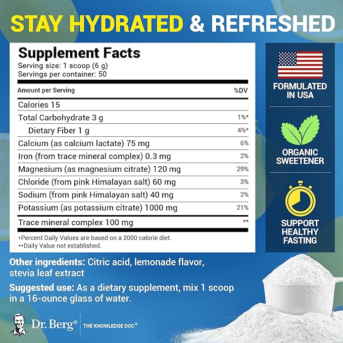 Dr. Berg Zero Sugar Hydration Keto Electrolyte Powder - Enhanced w/ 1000 mg of Potassium & Real Pink Himalayan Salt (NOT Table Salt) - Lemonade Flavor Hydration Drink Mix Supplement - 50 Servings