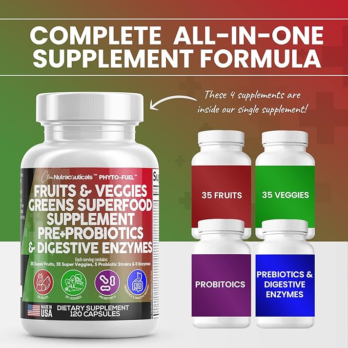 Clean Nutraceuticals Fruits and Veggies Supplement Reds & Green Superfood - Balance of Over 70 Fruit & Vegetable Supplements Capsules with Probiotics Prebiotics Digestive Enzymes - 120 Ct USA