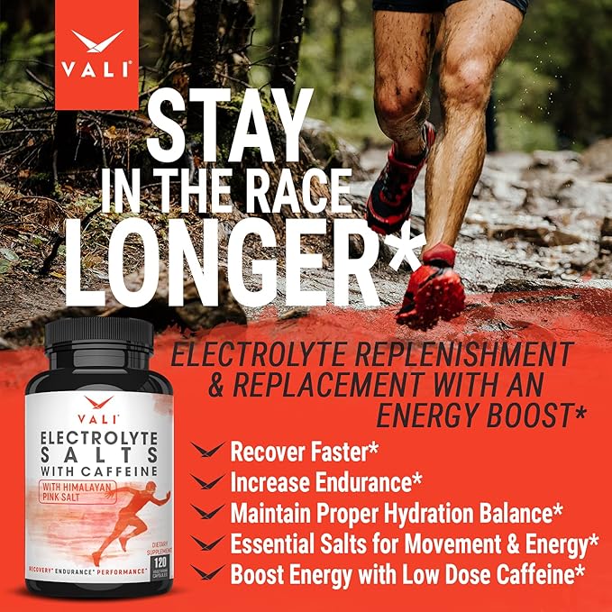 VALI Electrolyte Salts Plus 40mg Caffeine. Rapid Oral Rehydration Replacement Pills. Hydration Nutrition Powder Supplement, Energy, Recovery & Relief Fast. Fluid Health Essentials. 120 Veggie Capsules