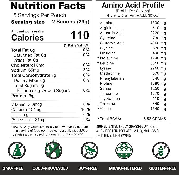 Grass Fed Whey Protein Powder Isolate - Unflavored - Unsweetened - Certified Entire Life On Pasture by A Greener World - ASPCA Registered - Informed Sport - Dairy Protein 1lbs