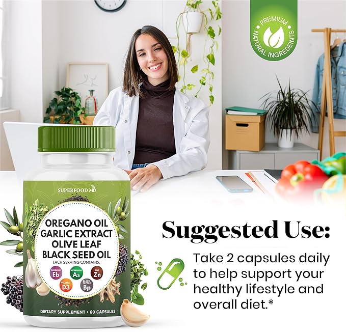 Oregano Oil 6000mg Garlic Extract 4000mg Olive Leaf 3000mg Black Seed Oil 3000mg Astragalus-Immune Support & Digestive Health Supplement for Women and Men- 120 Count
