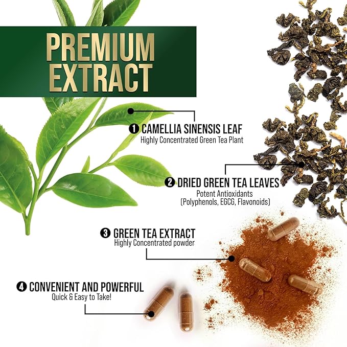 Green Tea Extract Capsules 1000mg 98% Standardized EGCG - 3X Strength for Natural Energy - Heart Support with Polyphenols - Gentle Caffeine - 120 Capsules
