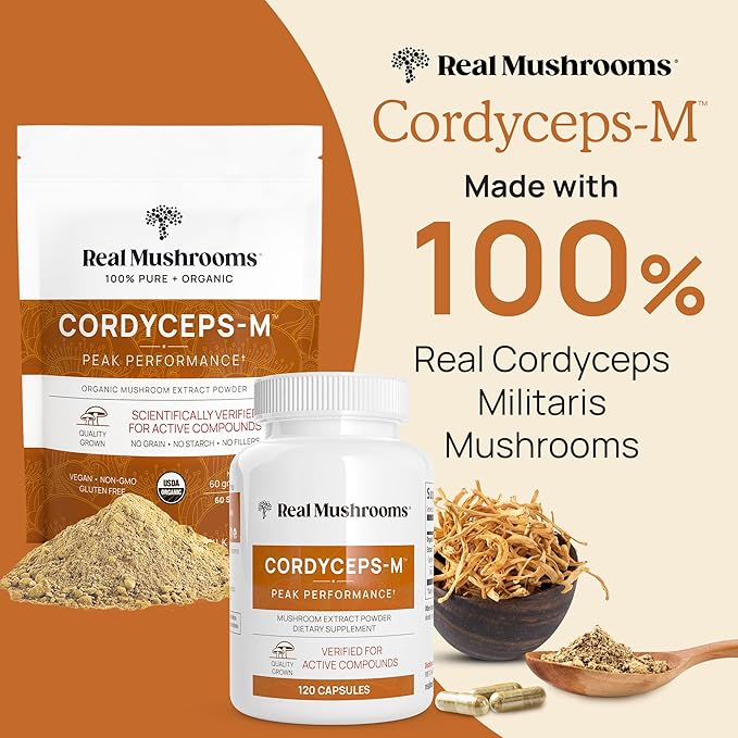 Real Mushrooms Cordyceps Capsules - Performance Mushroom Extract Supplement with Organic Militaris for Energy & Immune Support Vegan Supplement, Non-GMO, 120 Caps