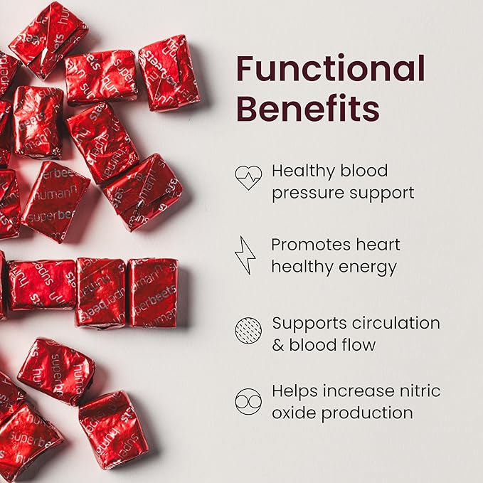 humanN SuperBeets Heart Chews, Nitric Oxide and Blood Pressure Support, Grape Seed Extract & Non-GMO Beet Root Powder Energy Chew, Pomegranate Berry Flavor, 180 Count