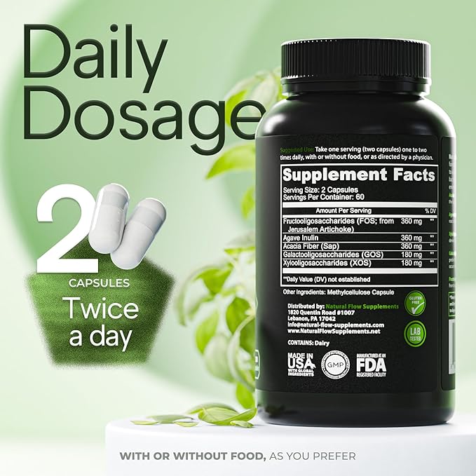 Prebiotic Fiber Supplement 5-in-1 Capsules - Natural Flow 5X Fiber XOS, GOS, FOS, Acacia and Agave Inulin, Daily Soluble Fiber Formula for Gut Support and Boost Good Bacteria Diversity, 120 Caps