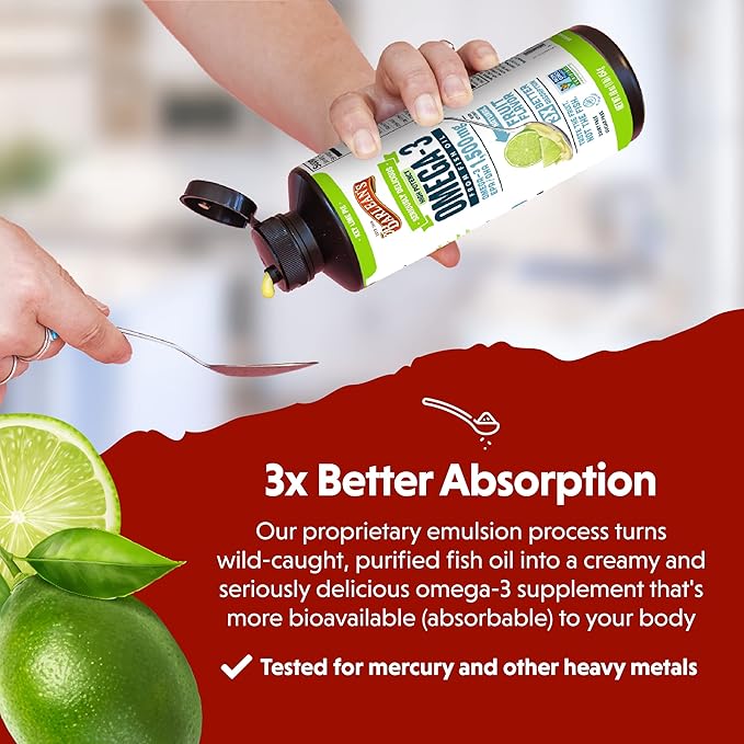 Barlean's Key Lime Pie High Potency Omega 3 Fish Oil Liquid Supplement, 1500mg of EPA& DHA Fatty Acid, Smoothie Flavored & Burpless for Brain, Joint, & Heart Health, 8 oz