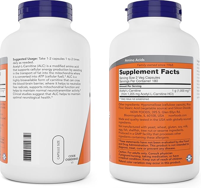 NOW Foods Now Acetyl L Carnitine 500mg, 360 Veg Capsules - Non-GMO ACL 500 mg Caps