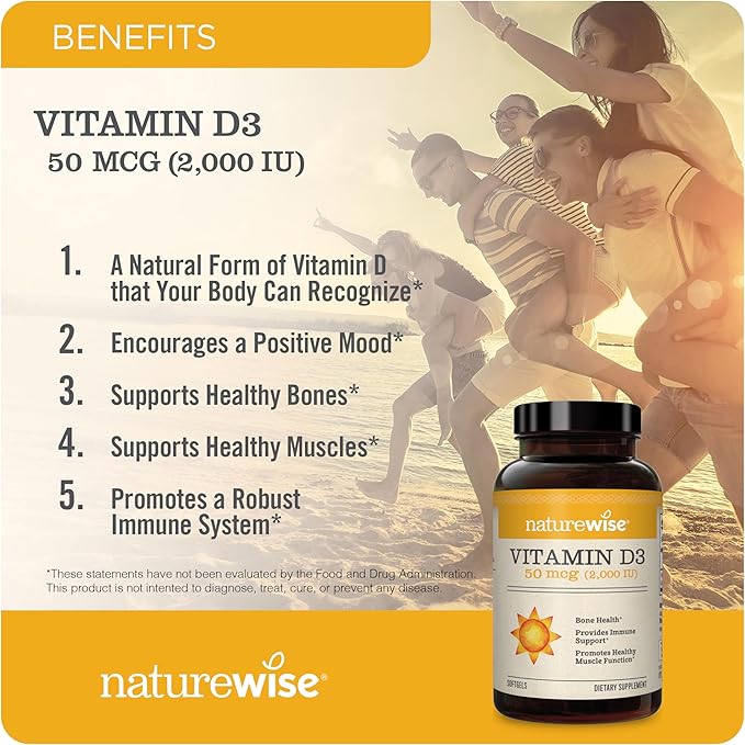 NatureWise Vitamin D3 2000iu (50 mcg) 90-Day Supply for Immune Support, Healthy Muscle Function, and Bone Health - Non-GMO, Gluten Free in Organic Extra Virgin Olive Oil, (Mini Softgel), 90 Count