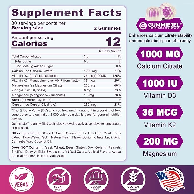Sugar-Free Calcium Citrate Gummies 1000mg, Vitamin D3 K2, Magnesium, Zinc, Boron, Manganese, Copper for Bone, Muscle & Immune, Ultimate Absorption Calcium Supplements for Women & Men - Vegan, 60 Count