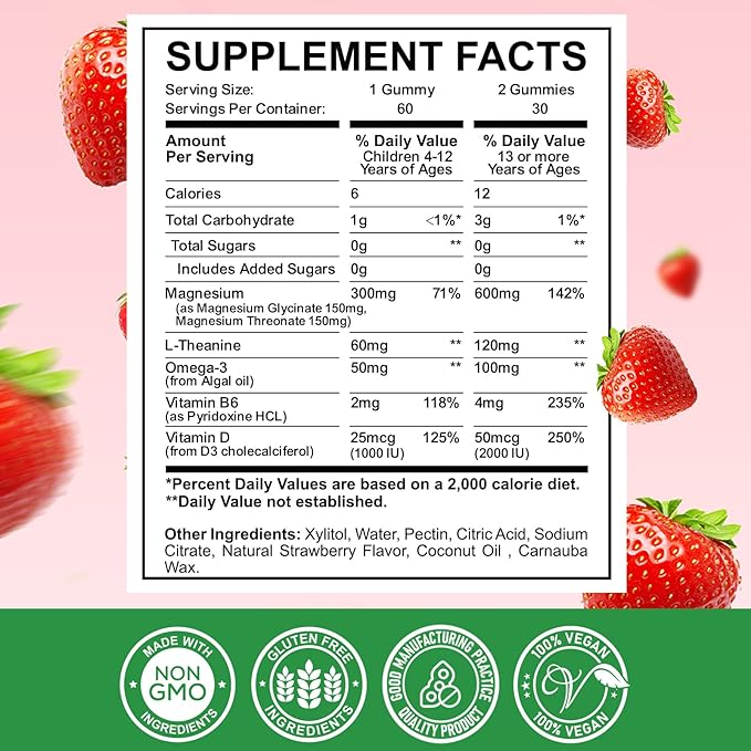 Magnesium Complex Gummies- Calm Chewable Gummies for Kids & Adults- Magnesium Glycinate, Threonate Supplement-w/Omega-3, Vitamin B6, D3- Support Calm Stress Relief, Bones, Mood Vegan, 60 Gummies
