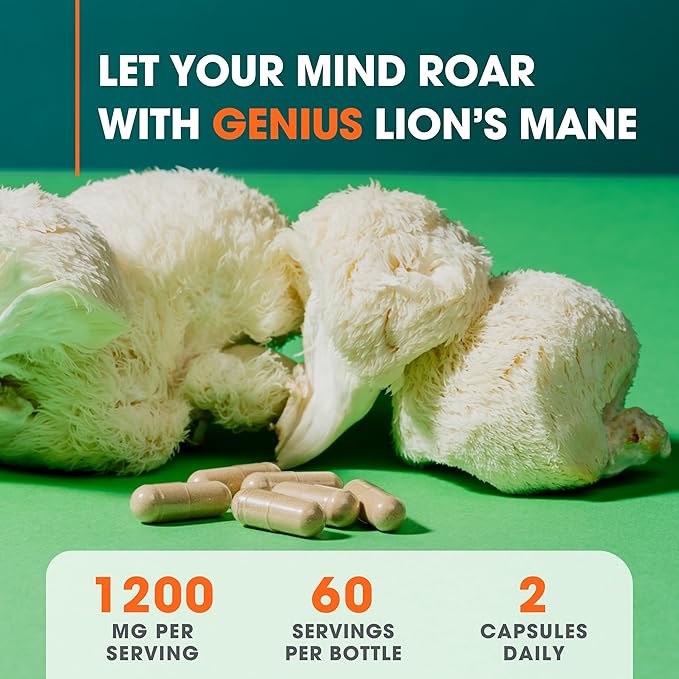 Genius Lions Mane Cognition Vitamins Supplement Capsules - Organic Nootropic Supplement, 1200mg per Serving – 120 Veggie Pills