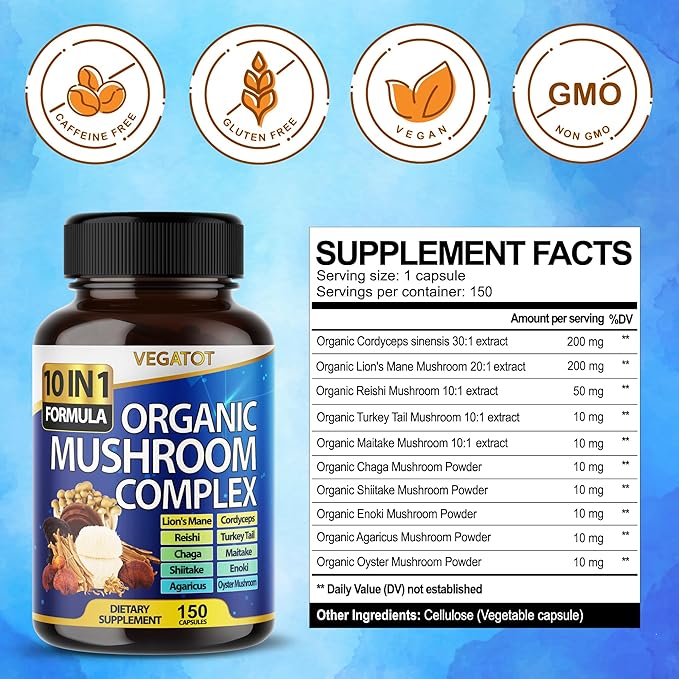 10 in 1 High Strength Mushroom Supplement 9,700MG - Lions Mane, Cordyceps, Reishi - Brain Supplements for Memory and Focus ** 5-Month Supply