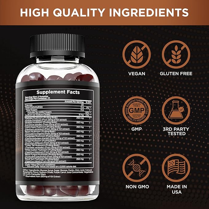 Mushroom Gummies 10 Blend - Mushroom Complex 2500mg - Brain Booster, Immune Support, Energy - Mushroom Supplement for Men & Women (90ct)