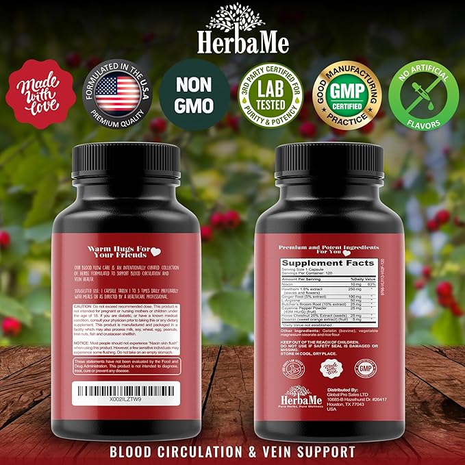 Blood Circulation Supplement, 120 Capsules, Supports Leg Vein, Heart, Vessels and Cardiovascular Health with Niacin, L-Arginine, Ginger, Cayenne Pepper, Hawthorn, Diosmin, Blood Flow Pills