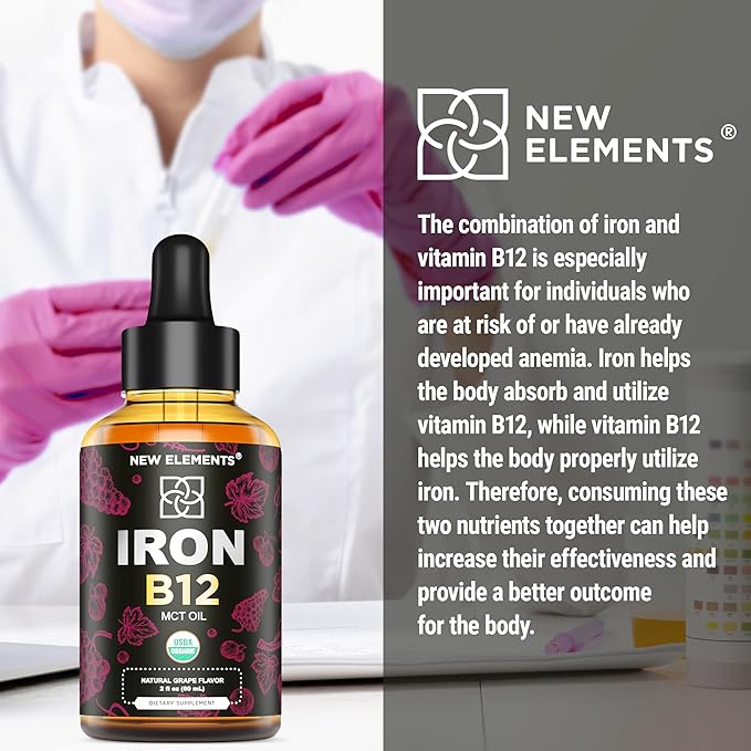 Liquid Iron Supplement for Women & Men with Vitamin B12 5000mcg - Free Blood Builder for Anemia - Liquid Vitamin B12 Drops for Adults with MCT Oil, Natural Grape Flavor, 2 Fl Oz