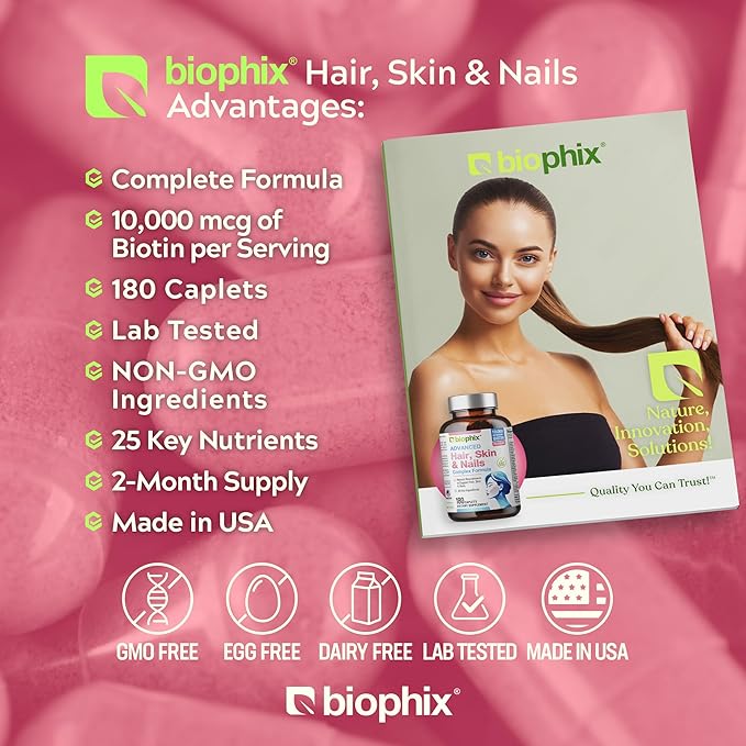biophix Hair Skin and Nails Complex 180 Caplets with 10,000 mcg Biotin - Multivitamin Supports Strong Nails Beautiful Hair Healthy Aging