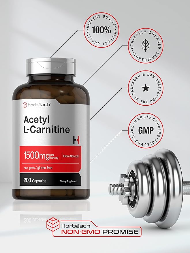 Horbäach Acetyl L-Carnitine 1500mg | 200 Capsules | Extra Strength Supplement | Non-GMO & Gluten Free