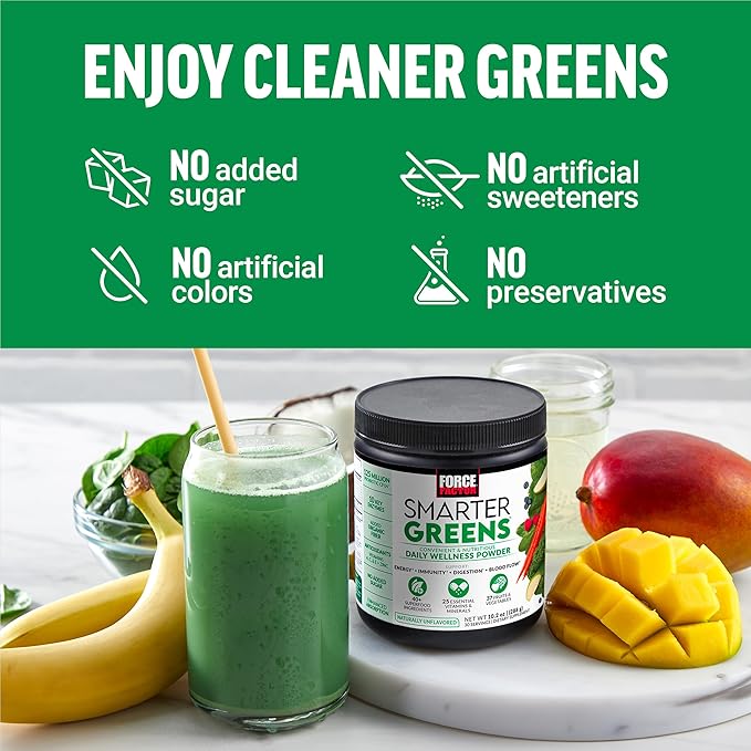 Force Factor Smarter Greens Daily Wellness Powder 2-Pack to Support Energy, Immunity & Digestion, Greens Powder, Superfood Powder with Vitamins, Minerals & Probiotics, Unflavored, 60 Servings