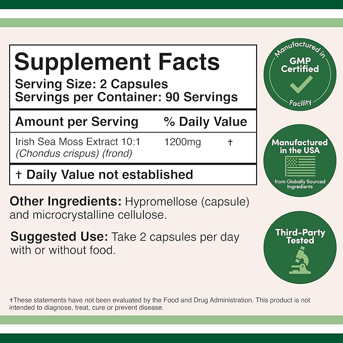 Irish Sea Moss Capsules, More Potent Than Sea Moss Gel Extract (180 Count, 1,200mg per Serving) (from Wildcrafted and Raw Chondrus Crispus) Nutrient Rich Superfood High in Minerals by Double Wood