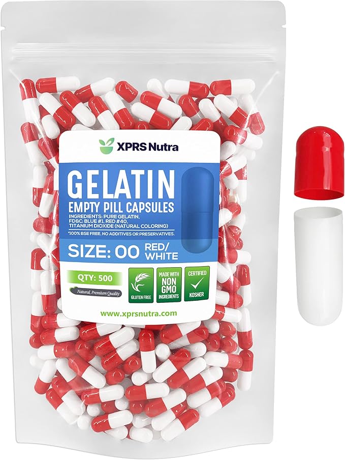 XPRS Nutra Size 00 Empty Capsules - 500 Count Empty Gelatin Capsules - Empty Pill Capsules - DIY Capsule Filling - Fillable Pill Capsules Empty Gel Caps (Red/White)