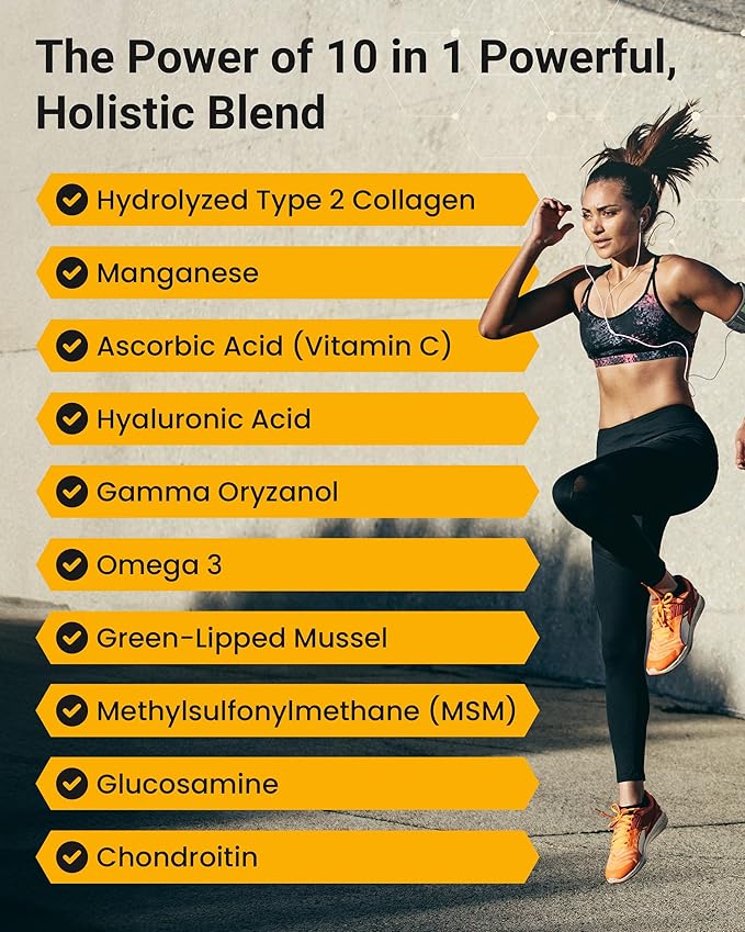 10 Natural Pain Relief Ingredients for Joint Tendon and Ligament Supplement for Arthritis, Injuries and Bone Health Collagen Type 2 MSM Glucosamine Chondroitin Green Lipped Mussel HA Omega and More